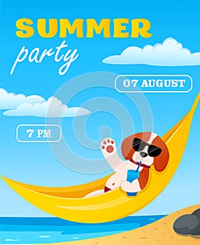 Summer party invitation. Flyer poster design summer beach party template. Dog in a hammock. Vector illustration