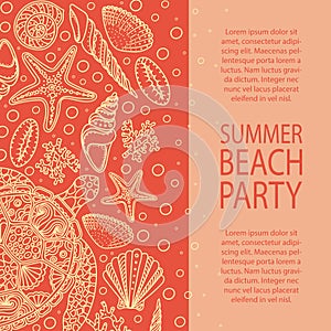 Summer party invitation. Seashells, sea stars, corals and bubbles