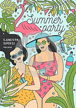 Summer party invitation template with happy women in swimsuits and sunglasses drinking exotic cocktails and laughing