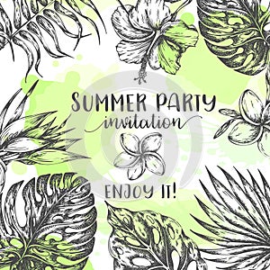 Summer party invitation Tropical Leaves Trendy Summer Background Wedding Invitation with tropic palm leaf Vector