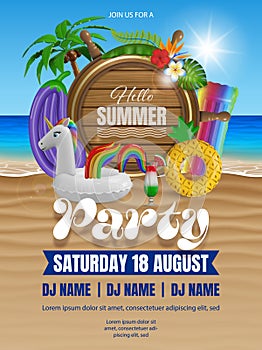 summer party poster with beach elements, inflatables and palm tree. hello summer flyer with round label on beach landscape