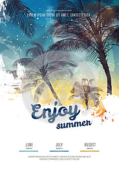 Summer party poster or flyer design template with palm trees silhouettes. Modern style