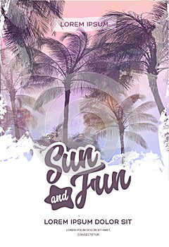 Summer party poster or flyer design template with palm trees silhouettes. Modern style