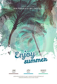 Summer party poster or flyer design template with palm trees silhouettes. Modern style