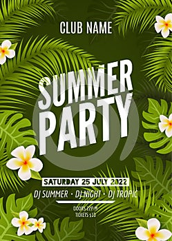 Summer party poster flyer design template. Summer tropic beach party with leafs. Dance summer event