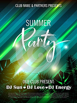 Summer party poster with palm leaf, light effect and lettering. Vector illustration EPS10