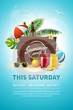 Summer party poster with smoothie or juice glasses.