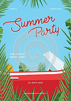 Summer party poster. Trendy vertical placard with classic retro car, palm leaves and blue sky. Colorful vector