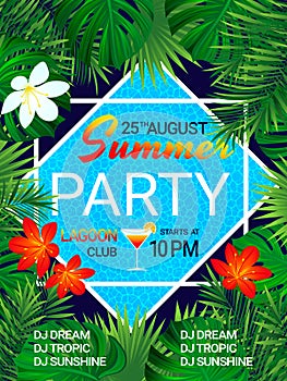 Summer party poster Tropical background with text. Pool party design. Tropic flowers, exotic leaves, swimming pool
