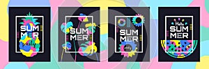 Summer party posters design set  with abstract shapes pineapple watermelon flowers leaves vector