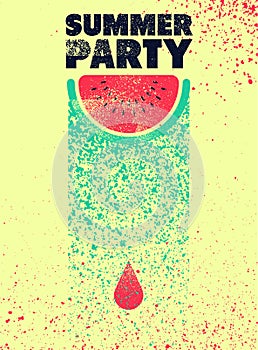 Summer Party typographic grunge style poster with juicy slice of watermelon. Retro vector illustration.