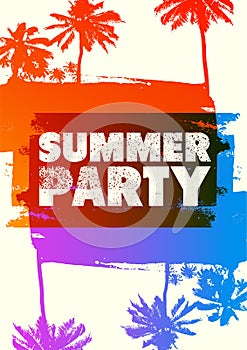 Summer Party typographic grunge vintage poster design with palm trees. Retro vector illustration.