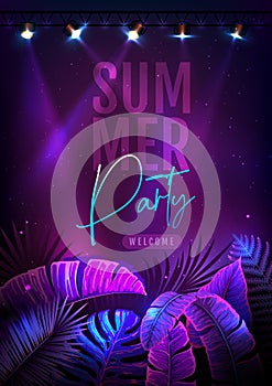 Summer party typography poster with fluorescent tropic leaves and spot light. Nature concept. Summer background.