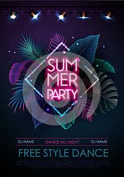 Summer party typography poster with fluorescent tropic leaves and spot light. Nature concept. Summer background.