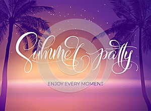 Summer party typography. Tropical poster with sumset and palm tree. Vector illustration for night club poster and