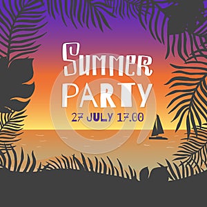 Summer party. Vector poster leaves of palm trees and tropical flowers on a background of the sea shore during the sunset over the