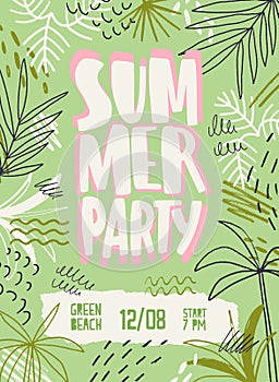 Summer party vector poster template. Beach festival invitation decorated with palm trees and tropical leaves. Music fest