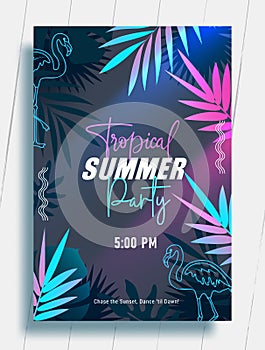 Summer party vector poster template. Summer tropical party invitation card with flamingo and palm leaf photo