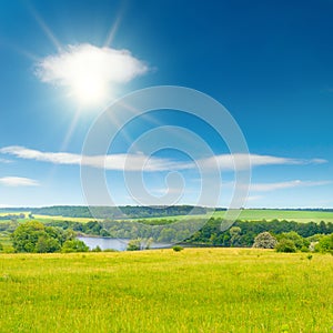 Summer pasture with fresh grass and blue sky with sun