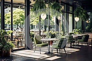 summer patio cafe interior, green plants, cozy chairs, sunlight through large windows, stylish urban restaurant