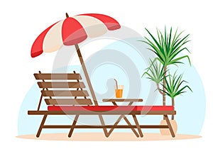 Summer patio furniture. Deck chair with wooden table and beach umbrella for holiday.
