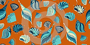Summer pattern with abstract artistic summer ocean shell. Vector hand drawn. Colorful sea shells printing. Underwater set.