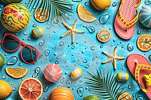 Summer pattern with beach items on blue.