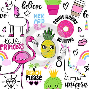 Summer pattern design with flamingo and unicorns - funny hand drawn doodle, seamless pattern.