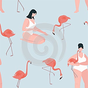 Summer pattern with flamingos and girls in swimsuits. Vector seamless texture