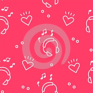 Summer pattern with headphones and hearts on red background. Ornament for textile and wrapping. Vector