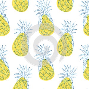 Summer pattern with pineapples blue contour hand drawing on background of yellow spots.