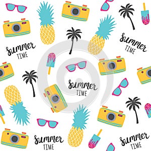 Summer pattern with pineapples, photo camera.