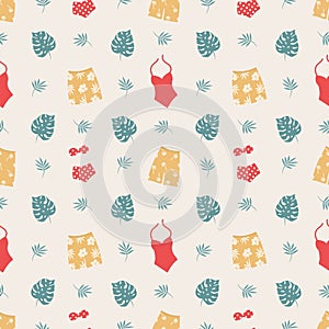 Summer pattern. Seamless template with red swimsuits, yellow swimming trunks, green tropical leaves