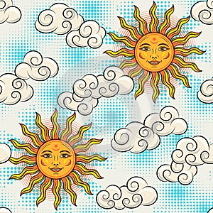 Summer pattern with sun with smiling face, clouds