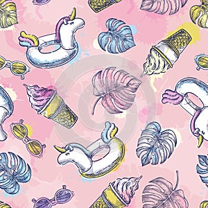 Summer pattern. Unicorn pool toy, leaves, ice cream on pink background. Vector hand drawn sketch illustration