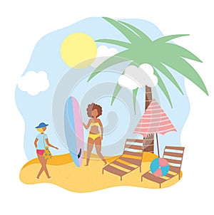 Summer people activities, women with surfboard chairs and umbrella, seashore relaxing and performing leisure outdoor