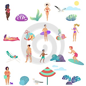 Summer people activity in the ocean beach icons set. Modern gradient flat design vector illustration.