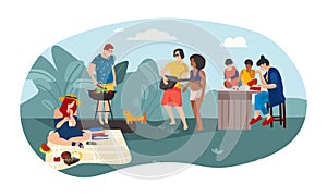 Summer people BBQ Cartoon parents and children spending time together picnic party. Vector summer activities background