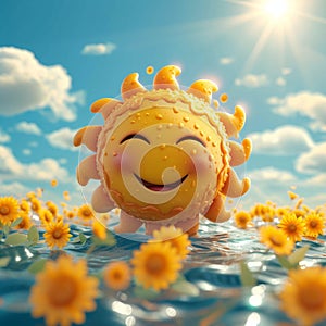 Summer personified 3D cartoon sun bringing the season to life