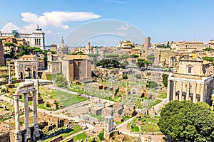 Summer photo of the Roman Forum: the Temple of Castor and Pollux, the Arch of Septimius Severus, the Temple of Saturn, the Temple