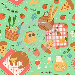 Summer picnic background. Picnic seamless pattern, picnic basket, red blanket with cat, garden outdoor leisure print