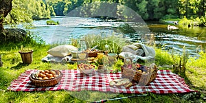 Summer picnic with a basket of bread, pastries, and fruits on a red checkered cloth next river