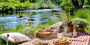 Summer picnic with a basket of bread, pastries, and fruits on a red checkered cloth next river