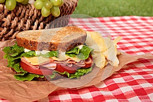 Summer picnic basket toasted ham and cheese sandwich