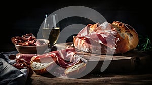 Summer Picnic Bliss. Rustic Bread and JamÂ³n Serrano on Wooden Table. Generative AI photo