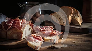 Summer Picnic Bliss. Rustic Bread and JamÃÂ³n Serrano on Wooden Table. Generative AI photo