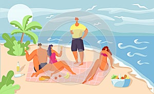 Summer picnic for cartoon people, vector illustration. Flat happy man woman at beach vacation, family character at sea