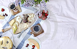 Summer picnic with cheese, wine, fruits and bread.