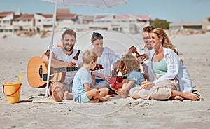 Summer, picnic and family with guitar at beach enjoying holiday, weekend and vacation on Miami beach. Love, bonding and
