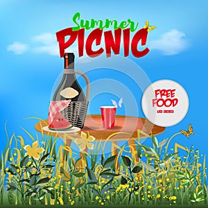 Summer Picnic Flyer Template with a bottle of sangria red wine, watermelon, green grass, red cup.